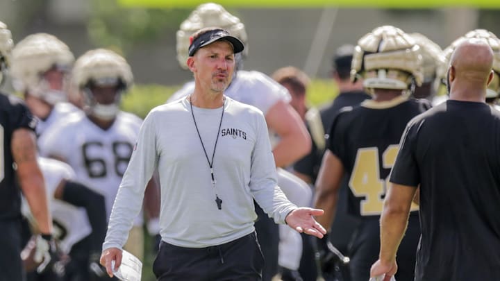 Jul 27, 2022; Metairie, LA, USA; New Orleans Saints head coach Dennis Allen during training camp at Ochsner Sports Performance Center. Mandatory Credit: Stephen Lew-USA TODAY Sports