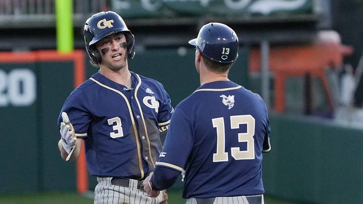 Georgia Tech junior Carson Kerce (3) hit a double against Clemson pitcher Aidan Knaak (19) during the top of the fourth inning at Doug Kingsmore Stadium in Clemson, S.C. Thursday, March 12, 2026.