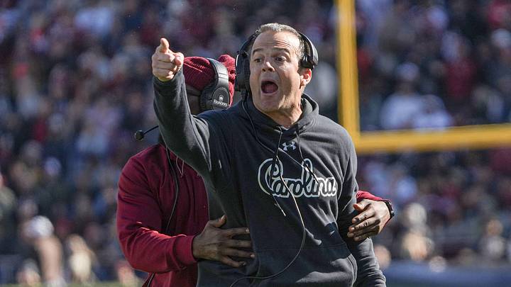 South Carolina Head Coach Shane Beamer disputes a pass interference call in the game with Clemson during the second quarter at Williams-Brice Stadium in Columbia, S.C. Saturday, November 29, 2025.