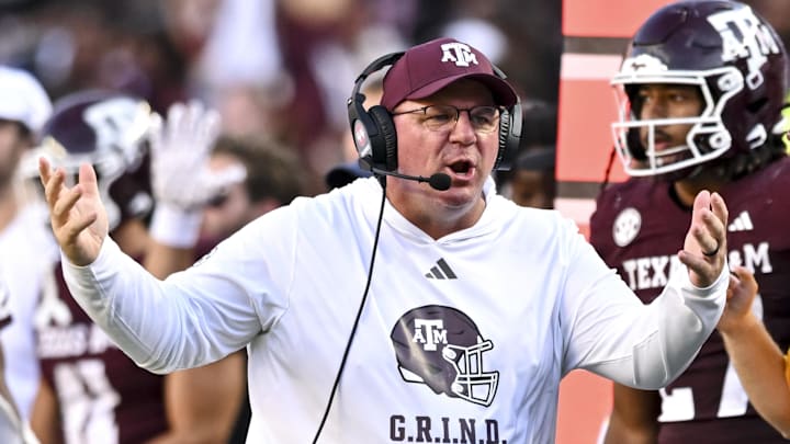 Sep 27, 2025; College Station, Texas, USA; Texas A&M Aggies head coach Mike Elko reacts during the third quarter against the Auburn Tigers at Kyle Field. Mandatory Credit: Maria Lysaker-Imagn Images 