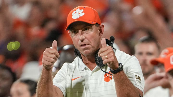 Clemson head coach Dabo Swinney communicates with a referee in the game with Louisiana State University during the second quarter at Memorial Stadium in Clemson, S.C. Saturday, Aug 30, 2025.