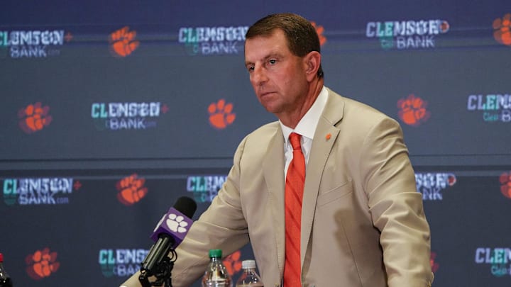 Clemson head coach Dabo Swinney talks with media after the game at Memorial Stadium Saturday, August 31, 2025 in Clemson, S.C.
