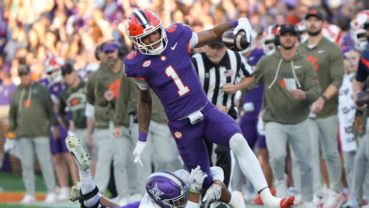 Clemson wide receiver T.J. Moore (1) runs after a catch against Furman during the first quarter at Memorial Stadium in Clemson, S.C. Saturday, November 22, 2025.
