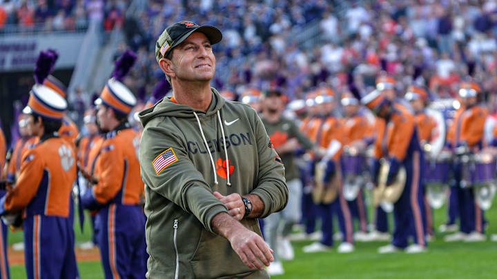Clemson head coach Dabo Swinney watches as seniors walk down the hill before kickoff with Furman University at Memorial Stadium in Clemson, SC, Saturday, November 22, 2025.