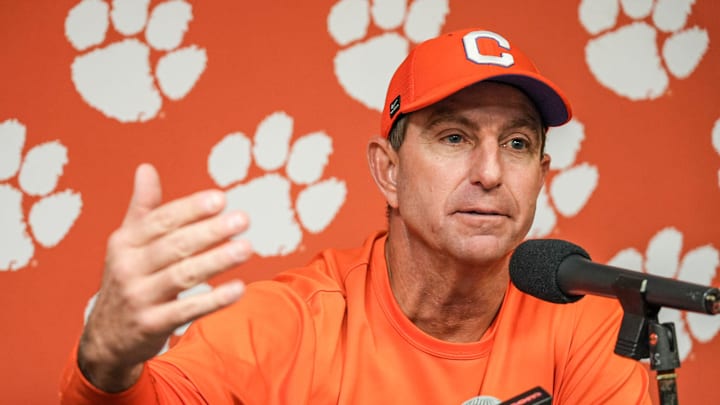 Clemson head coach Dabo Swinney speaks after the Tigers’ 28-14 win over the Gamecocks at Williams-Brice Stadium in Columbia, S.C. Saturday, November 29, 2025.