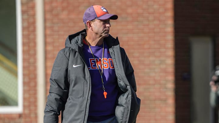 Clemson head coach Dabo Swinney during the Pinstipe Bowl practice in Clemson, S.C. Monday, Dec. 15, 2025.