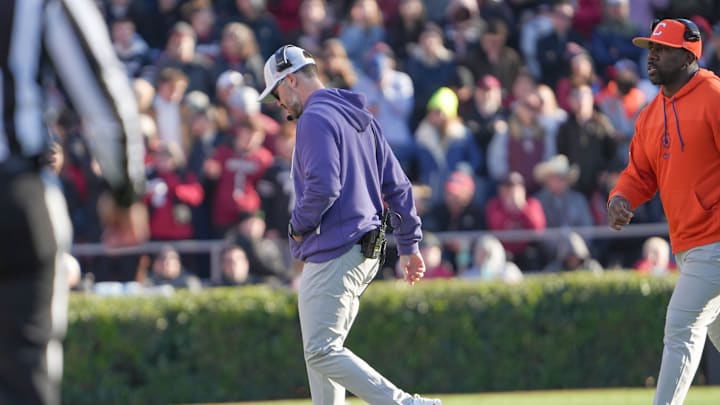 Clemson offensive coordinator Garrett Riley during the fourth quarter at Williams-Brice Stadium in Columbia, S.C. Saturday, November 29, 2025.