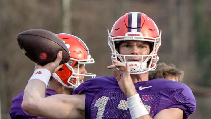 Clemson quarterback Christopher Vizzina (17) throws during Spring football practice at the Reeves Football Complex in Clemson, SC Wednesday, March 4, 2026.