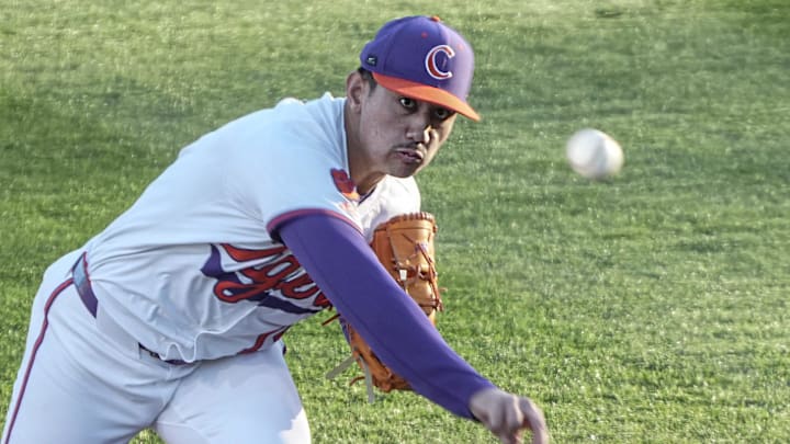 Clemson pitcher Aidan Knaak (19) pitches to Georgia Tech during the top of the first inning at Doug Kingsmore Stadium in Clemson, S.C. Thursday, March 12, 2026. Clemson pitcher Aidan Knaak (19) pitches to Georgia Tech during the top of the first inning at Doug Kingsmore Stadium in Clemson, S.C. Thursday, March 12, 2026.