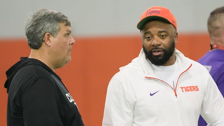 Clemson offensive line coach Matt Luke and Clemson quarterback coach Tajh Boyd during Spring football practice at the Reeves Football Complex in Clemson, SC Wednesday, March 4, 2026.