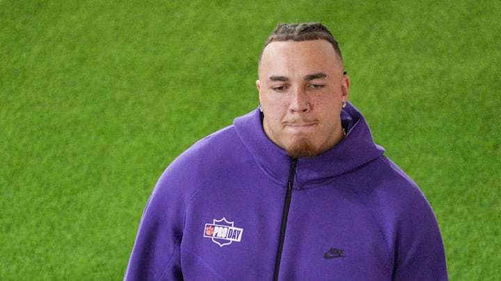 Former Clemson offensive lineman Tristan Leigh during 2026 Clemson Pro Day in the Poe Indoor Facility at Clemson University in Clemson Thursday, March 12, 2026.