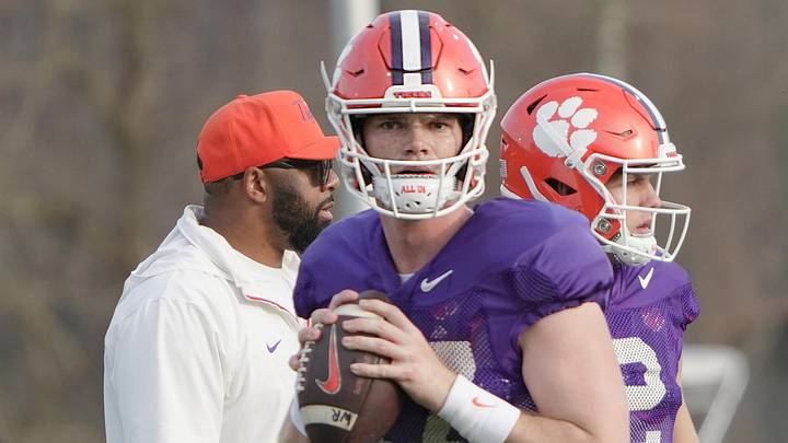 Clemson quarterback Christopher Vizzina (17) throws during Spring football practice at the Reeves Football Complex in Clemson, SC Wednesday, March 4, 2026.