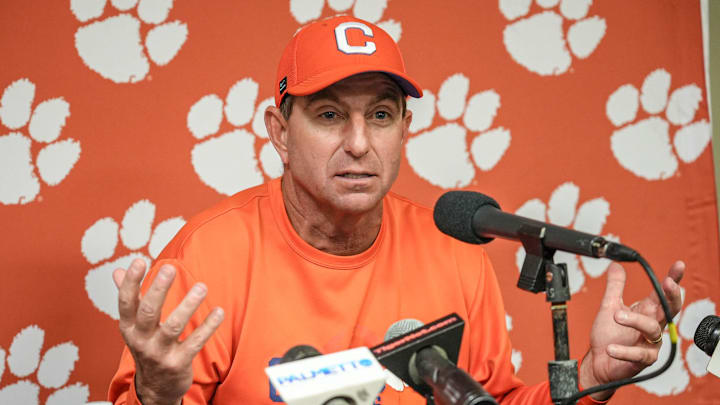 Clemson head coach Dabo Swinney speaks after the Tigers’ 28-14 win over the Gamecocks at Williams-Brice Stadium in Columbia, S.C. Saturday, November 29, 2025.