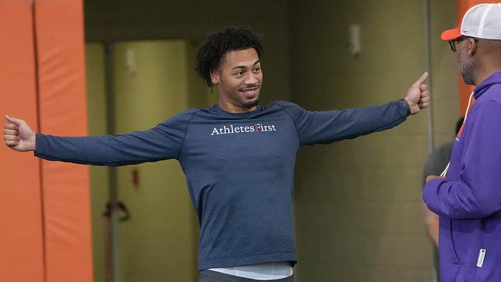 Former Clemson wide recevier Antonio Williams watches Spring football practice at the Reeves Football Complex in Clemson, SC Wednesday, March 4, 2026.