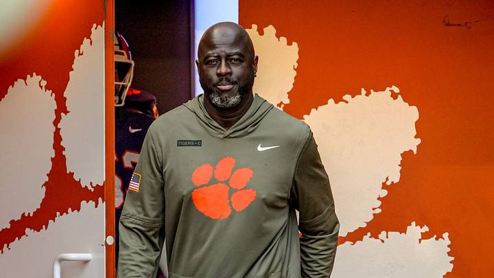 Clemson defensive ends coach Chris Rumph before kickoff with Furman University at Memorial Stadium in Clemson, SC, Saturday, November 22, 2025.