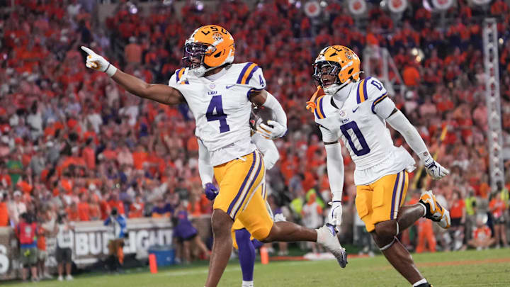 Louisiana State University cornerback Mansoor Delane (4) reacts during the third quarter at Memorial Stadium in Clemson, S.C. Saturday, August 30, 2025.