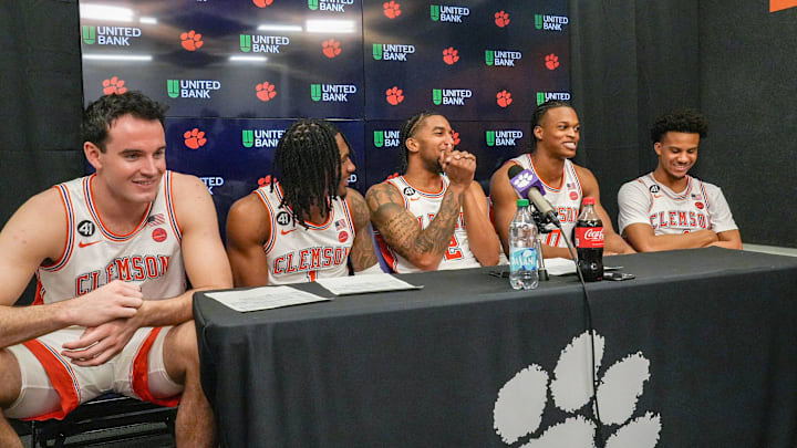 Clemson senior, from left, Nick Davidson (11) , Jestin Porter (1), Dillon Hunter (2), RJ Godfrey (0), and Butta Johnson (4) during a postgame press conference at Littlejohn Coliseum in Clemson, S.C Saturday, March 7, 2026.