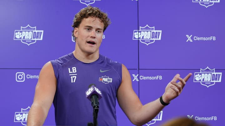 Former Clemson linebacker Wade Woodaz talks to media during 2026 Clemson Pro Day in the Poe Indoor Facility at Clemson University in Clemson Thursday, March 12, 2026.