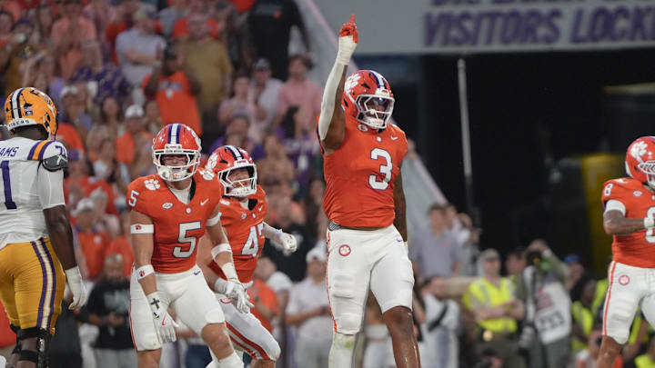 Clemson defensive end T.J. Parker (3) celebrates a tackle against Louisiana State University during the first quarter at Memorial Stadium in Clemson, S.C. Saturday, August 30, 2025.