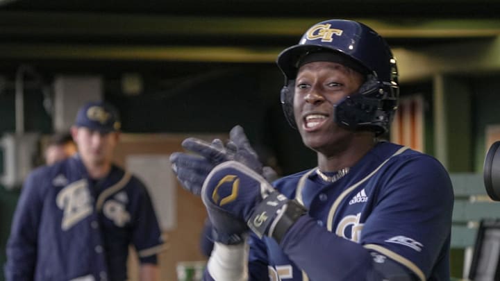 Georgia Tech junior Vahn Lackey (25) reacts after scoring during the top of the third inning at Doug Kingsmore Stadium in Clemson, S.C. Thursday, March 12, 2026. Georgia Tech junior Vahn Lackey (25) reacts after scoring during the top of the third inning at Doug Kingsmore Stadium in Clemson, S.C. Thursday, March 12, 2026.