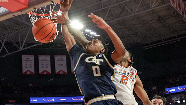 Clemson guard Dillon Hunter (2) blocks a shot by Georgia Tech guard Akai Fleming (0) during the first half at Littlejohn Coliseum in Clemson, S.C Saturday, March 7, 2026.