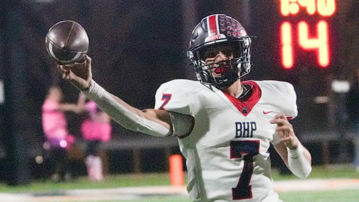 Belton-Honea Path High senior Noah Thomas (7) passes the ball playing Crescent High School during the fourth quarter in Iva, SC October 17, 2025.