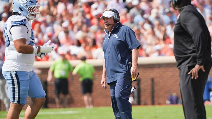 University of North Carolina Head Coach Bill Belichick during the first quarter at Memorial Stadium in Clemson, S.C. Saturday, September 19, 2026. University of North Carolina Head Coach Bill Belichick during the first quarter at Memorial Stadium in Clemson, S.C. Saturday, September 19, 2026.