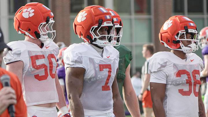 Clemson linebacker Jeremiah Alexander (7) with Fletcher Cothran (50) and Dominic Staten (38) during Spring football practice at the Reeves Football Complex in Clemson, SC Wednesday, March 4, 2026.