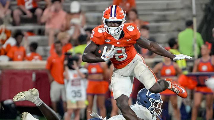 Clemson running back Gideon Davidson (8) runs past Georgia Southern University defensive back Jayden Jackson (17) during the fourth quarter at Memorial Stadium Saturday, September 12, 2026.