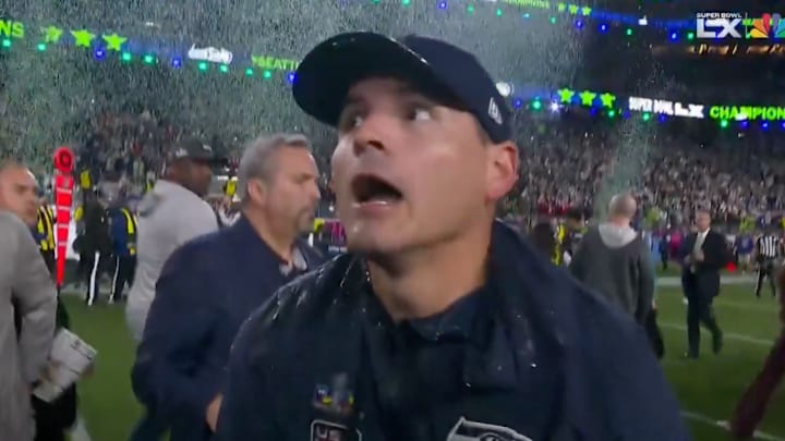 Mike MacDonald reacts to winning the Super Bowl.