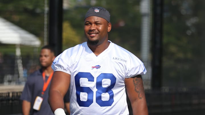 Bills offensive lineman Tylan Grable heads to the field on the opening day of Buffalo Bills training camp at St. John Fisher University in Pittsford Wednesday, July 24, 2024.
