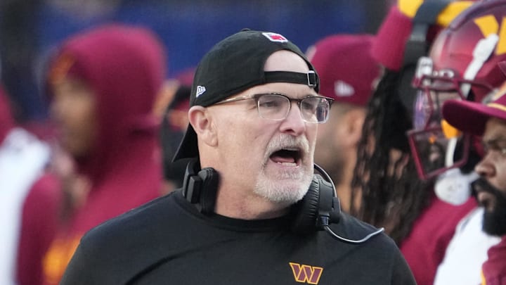 Nov 3, 2024; East Rutherford, New Jersey, USA; Washington Commanders head coach Dan Quinn against the New York Giants at MetLife Stadium. Mandatory Credit: Robert Deutsch-Imagn Images