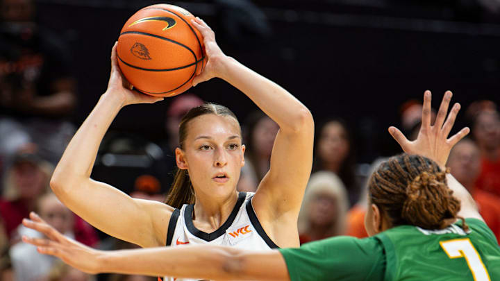 Oregon State's AJ Marotte (11) looks to pass the ball during an NCAA basketball game at Gill Coliseum on Thursday, Jan. 9, 2025, in Corvallis, Ore.