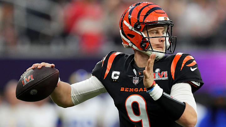 Cincinnati Bengals quarterback Joe Burrow (9) throws in the second quarter during Super Bowl 56