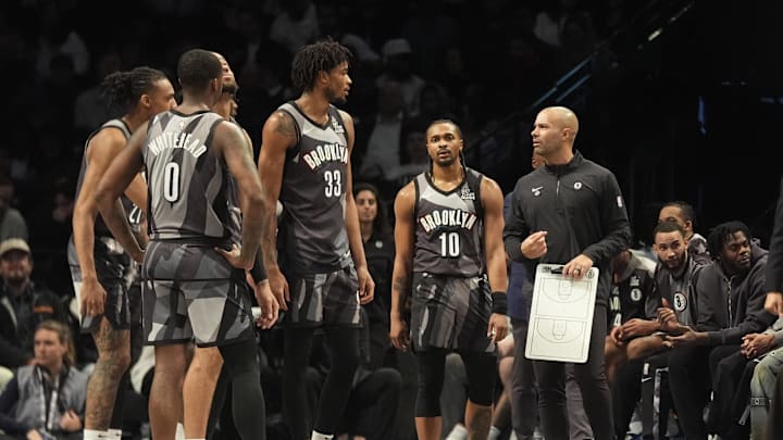 Apr 3, 2025; Brooklyn, New York, USA; Brooklyn Nets head coach Jordi Fernandez speaks to his players at a break in the action during the first half against the Minnesota Timberwolves at Barclays Center. Mandatory Credit: Gregory Fisher-Imagn Images Apr 3, 2025; Brooklyn, New York, USA; Brooklyn Nets head coach Jordi Fernandez speaks to his players at a break in the action during the first half against the Minnesota Timberwolves at Barclays Center. Mandatory Credit: Gregory Fisher-Imagn Images