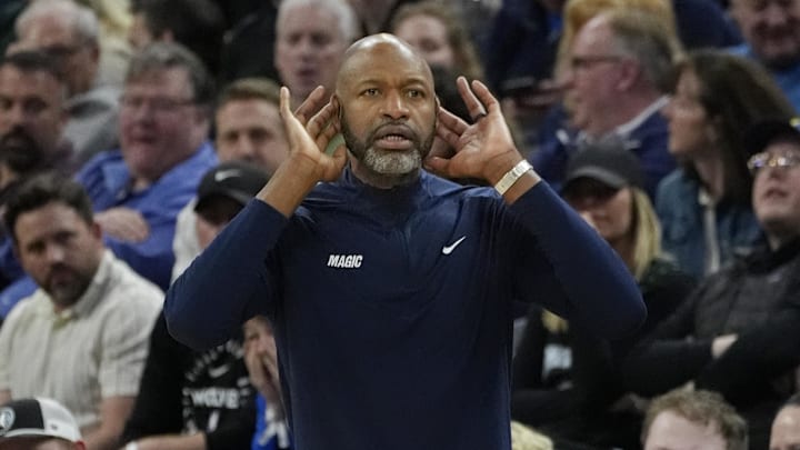 Mar 14, 2025; Minneapolis, Minnesota, USA; Orlando Magic head coach Jamahl Mosley directs his team against the Minnesota Timberwolves in the fourth quarter at Target Center. Mandatory Credit: Bruce Kluckhohn-Imagn Images