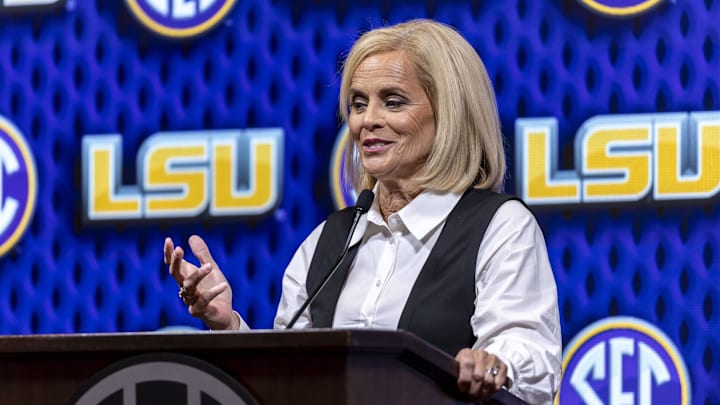 Oct 16, 2024; Birmingham, AL, USA; LSU Tigers head coach Kim Mulkey talks with the media during SEC Media Days at Grand Bohemian Hotel. Mandatory Credit: Vasha Hunt-Imagn Images