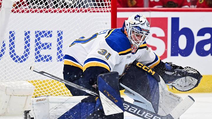 Sep 28, 2023; Chicago, Illinois, USA;  St. Louis Blues goaltender Will Cranley (31) defends the net against the Chicago Blackhawks at United Center. Mandatory Credit: Jamie Sabau-USA TODAY Sports