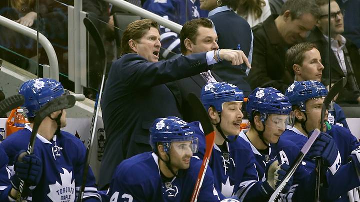Nov 30, 2015; Toronto, Ontario, CAN; Former Toronto Maple Leafs head coach Mike Babcock yells from behind the bench against the Edmonton Oilers at Air Canada Centre. Mandatory Credit: Tom Szczerbowski-USA TODAY Sports