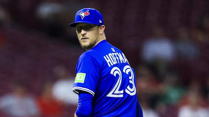 Sep 2, 2025; Cincinnati, Ohio, USA; Toronto Blue Jays relief pitcher Jeff Hoffman (23) prepares to pitch in the ninth inning against the Cincinnati Reds at Great American Ball Park. Mandatory Credit: Katie Stratman-Imagn Images