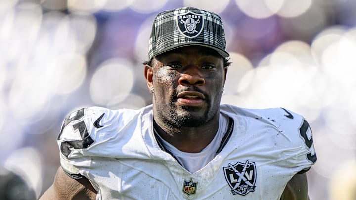 Sep 15, 2024; Baltimore, Maryland, USA; Las Vegas Raiders defensive end Janarius Robinson (97) walks off of the field following the game against the Baltimore Ravens at M&T Bank Stadium. Mandatory Credit: Reggie Hildred-Imagn Images