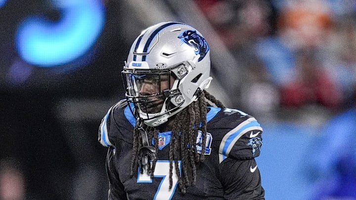 Dec 1, 2024; Charlotte, North Carolina, USA; Carolina Panthers linebacker Jadeveon Clowney (7) during the second half against the Tampa Bay Buccaneers at Bank of America Stadium. Mandatory Credit: Jim Dedmon-Imagn Images