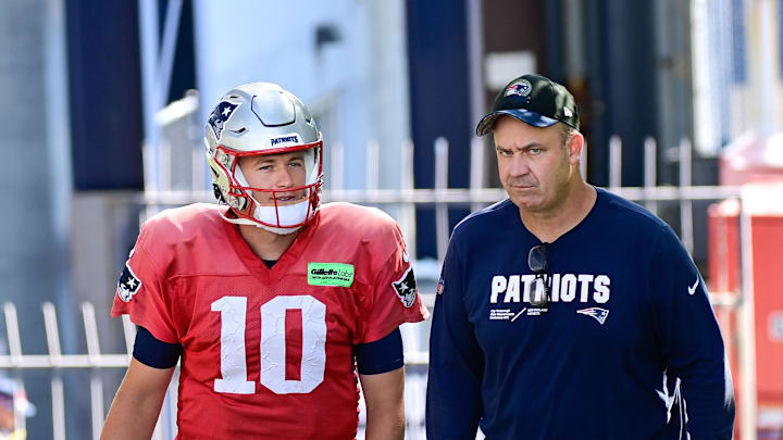 Aug 3, 2023; Foxborough, MA, USA; New England Patriots quarterback Mac Jones (10) and offensive