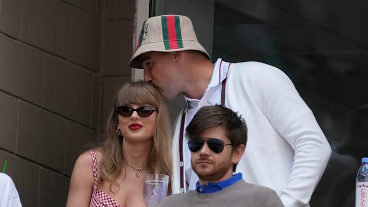 Recording artist Taylor Swift and Kansas City Chiefs tight end Travis Kelce look on during the men's singles final of the 2024 U.S. Open tennis tournament at USTA Billie Jean King National Tennis Center in Flushing, New York on Sept. 8, 2024.