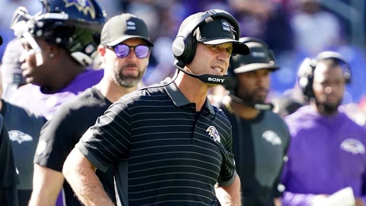 Oct 5, 2025; Baltimore, Maryland, USA; Baltimore Ravens head coach John Harbaugh stands on the sidelines during the fourth quarter against the Houston Texans at M&T Bank Stadium. Mandatory Credit: Mitch Stringer-Imagn Images