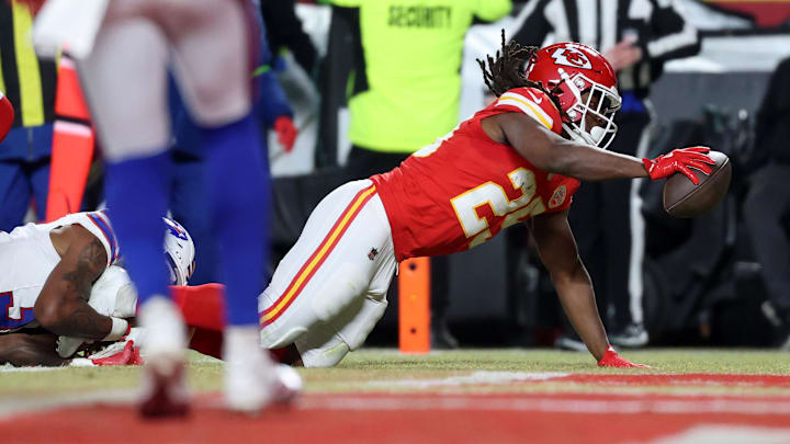 Jan 26, 2025; Kansas City, MO, USA; Kansas City Chiefs running back Kareem Hunt (29) dives for a touchdown against the Buffalo Bills during the first quarter in the AFC Championship game at GEHA Field at Arrowhead Stadium. Mandatory Credit: Mark J. Rebilas-Imagn Images