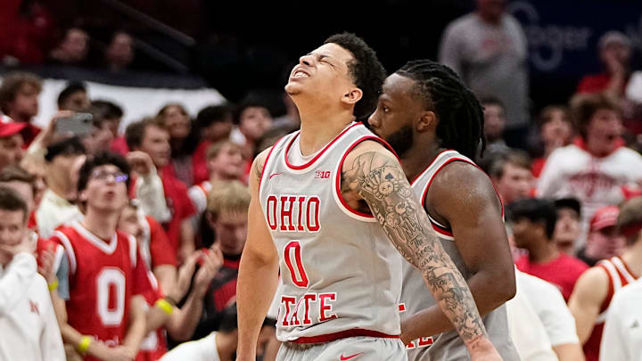Ohio State Buckeyes guard John Mobley Jr. (0) celebrates following the second overtime of the NCAA men's basketball game at Value City Arena in Columbus on March 4, 2025. Ohio State won 116-114.