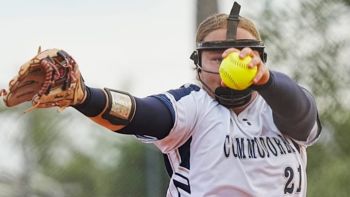 Jordan Stout pitches for Eau Gallie against Tavares in the Class 4A softball regional semifinals on May 13. She went on to pitch a complete game, four-hitter, striking out four, and went 2-for-3 with two doubles and two RBI to propel the Commodores past Lake Wales, 3-1, in the Class 4A, Region 2 final.
