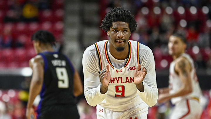 Feb 21, 2026; College Park, Maryland, USA;  Maryland Terrapins forward Solomon Washington (9) reacts during the second  half against the Washington Huskies at Xfinity Center. Mandatory Credit: Tommy Gilligan-Imagn Images