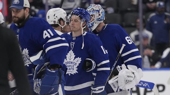 May 18, 2025; Toronto, Ontario, CAN; Toronto Maple Leafs forward Mitch Marner (16) reacts after losing the second round of the 2025 Stanley Cup Playoffs to the Florida Panthers at Scotiabank Arena. Mandatory Credit: John E. Sokolowski-Imagn Images